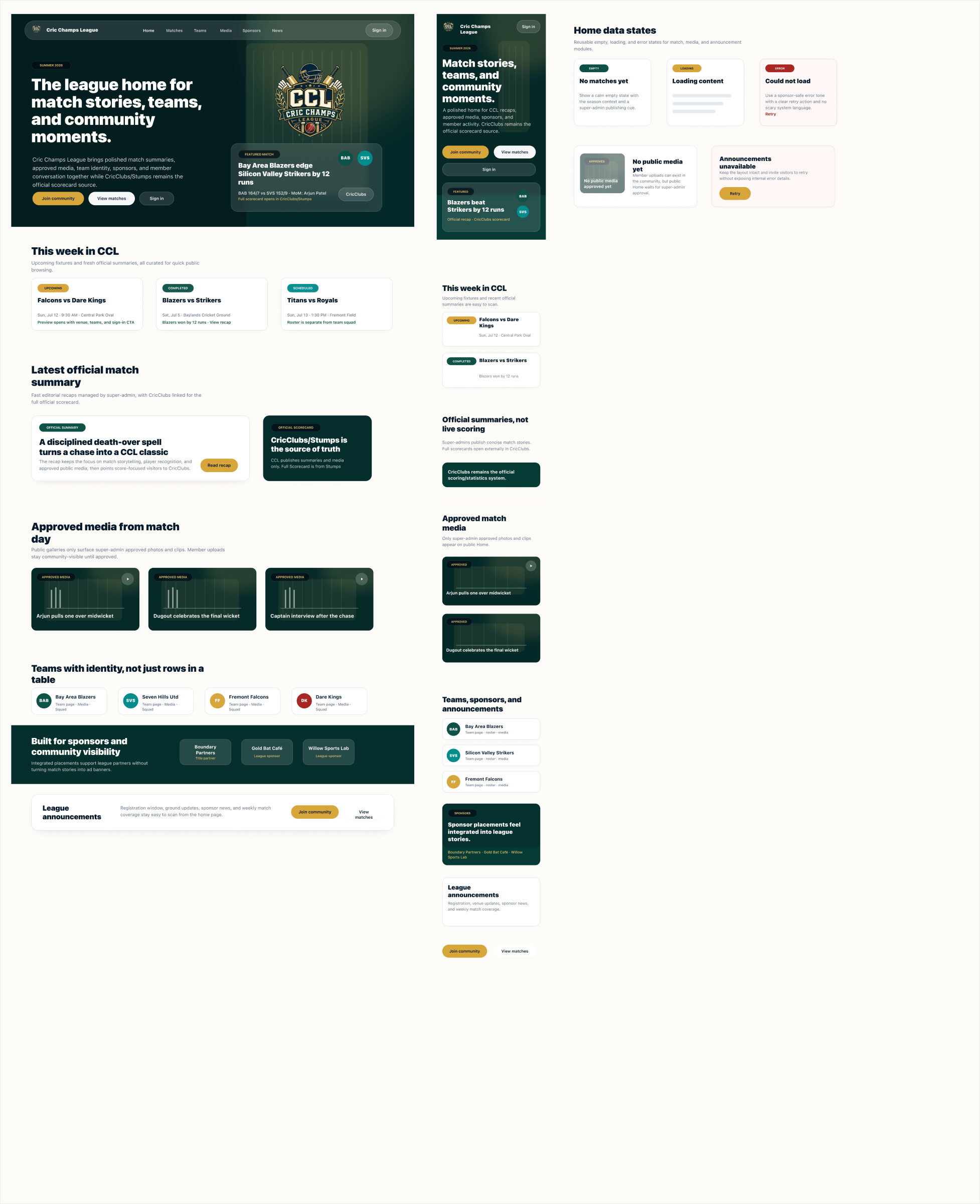 Figma screen group for the Cric Champs League public home page